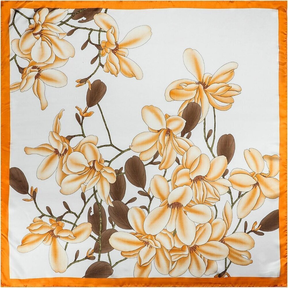 Women's Orange/Brown Head Scarf Like Silk Printed Square Hair Bandanas 35 Inches - Picture 7 of 7